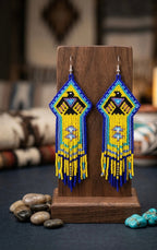 Beaded thunderbird earrings yellow / purple