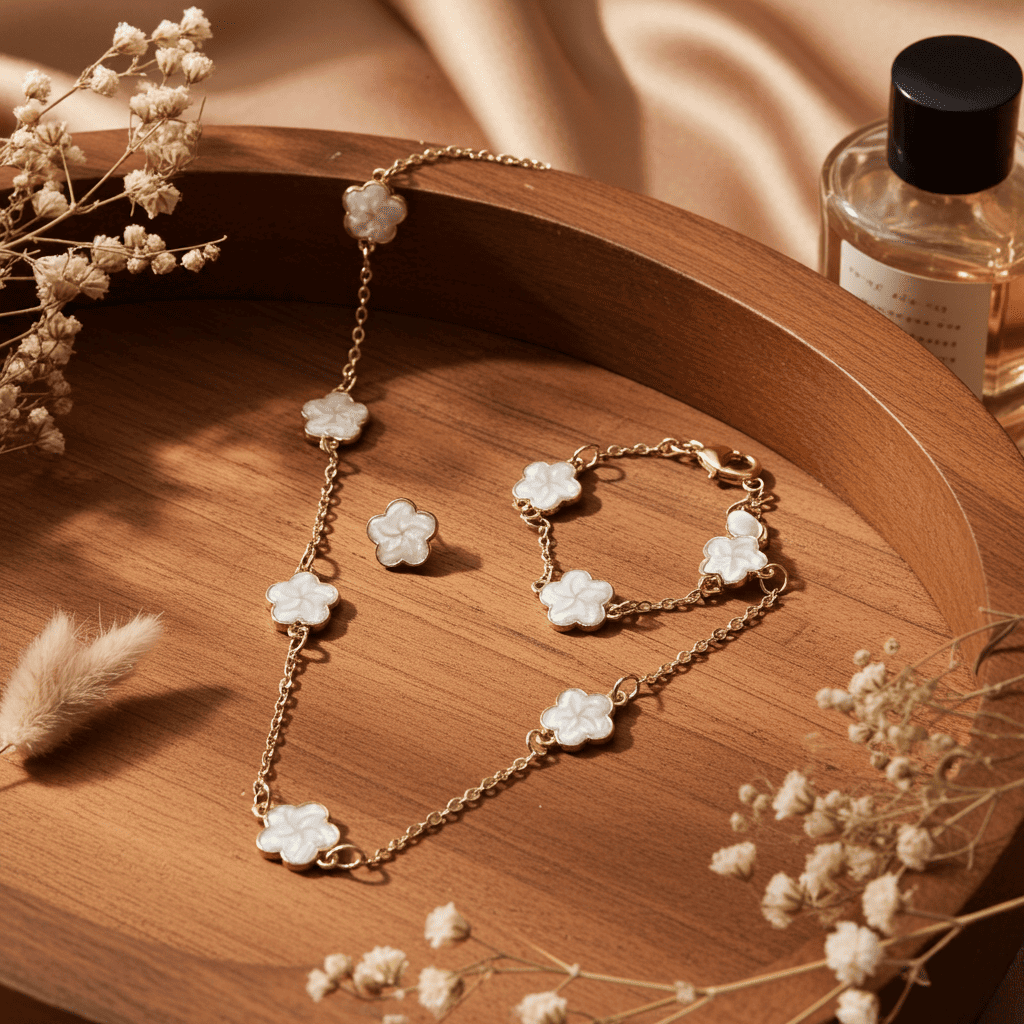 5-Flower White Clover Jewelry Set – Necklace, Bracelet & Stud Earrings