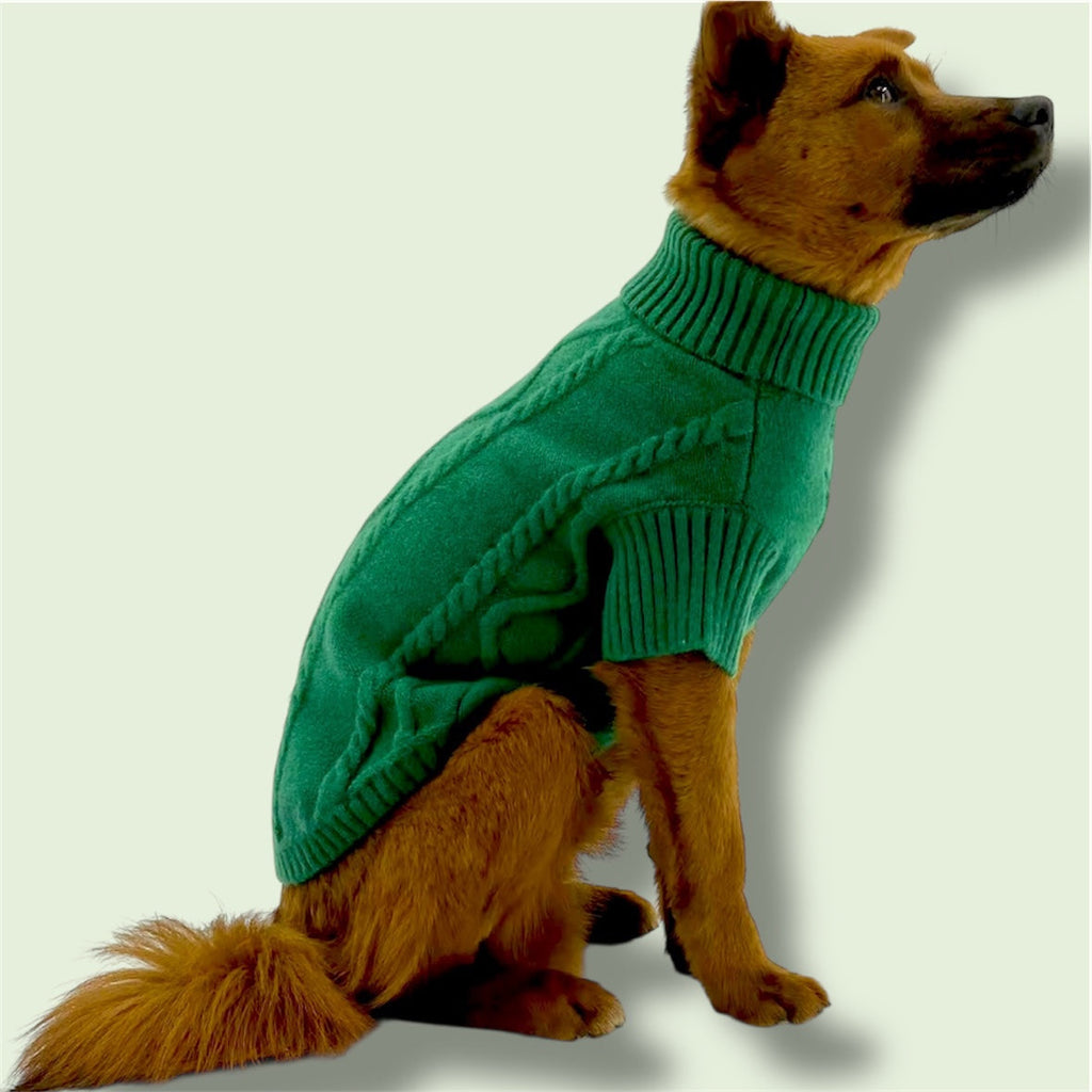 Chandail Vert Câblé pour Chien – Fait Main au Canada – Laine & Polyester – Puccissimé Pet Couture