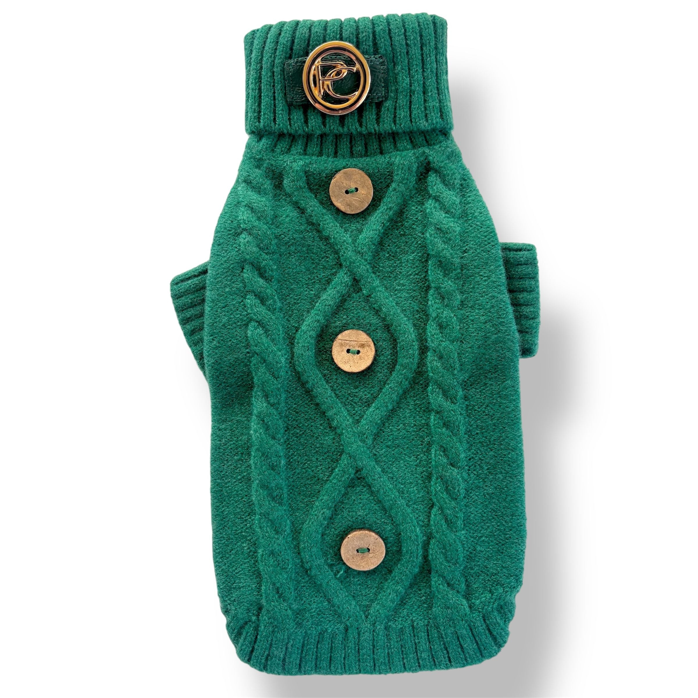 Chandail Vert Câblé pour Chien – Fait Main au Canada – Laine & Polyester – Puccissimé Pet Couture
