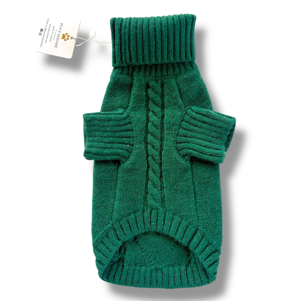 Chandail Vert Câblé pour Chien – Fait Main au Canada – Laine & Polyester – Puccissimé Pet Couture