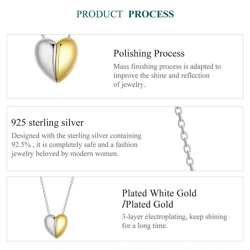 Gold Plated Heart Pendant Necklace For Women - 925 Sterling Silver Couple Heart Jewelry