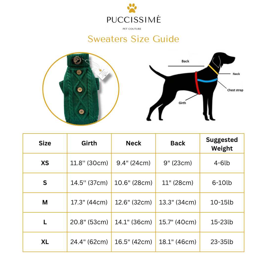 Chandail Vert Câblé pour Chien – Fait Main au Canada – Laine & Polyester – Puccissimé Pet Couture
