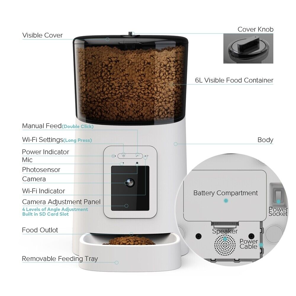 Distributeur Automatique de Nourriture Chat & Chien avec Caméra HD – Abreuvoir Inclus – Mogozone